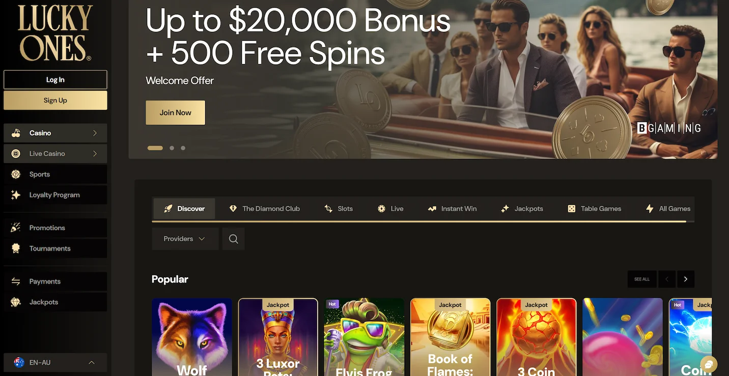 Lucky Ones casino homepage displaying welcome bonus offer, online pokies and site navigation